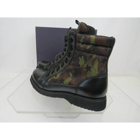 NIB PRADA 0T0782 CAMOUFLAGE GREEN LEATHER CAP TOE LACE UP COMBAT BOOTS 37 US 7 - Picture 4 of 12